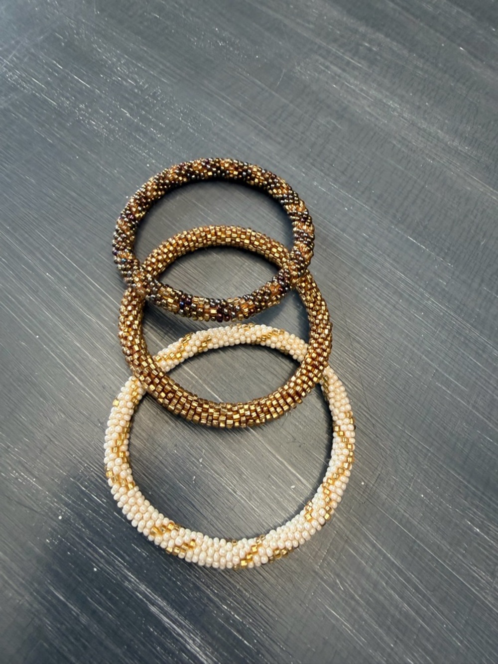 Handmade Beaded Bangle Bracelet Set - Gold and Cream